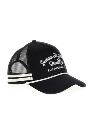 Black baseball cap with mesh sides, featuring white embroidered logo "Guess Original Quality" and a white striped accent with a rope detail.