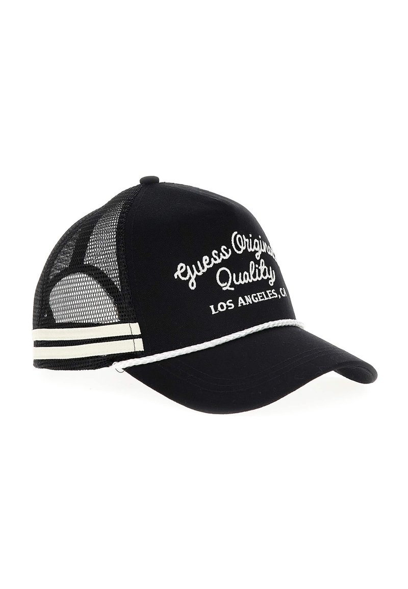 Schwarze Baseballmütze mit Netzseiten, mit weißem gesticktem Logo "Guess Original Quality" und einem weißen gestreiften Akzent mit Rope-Detail.