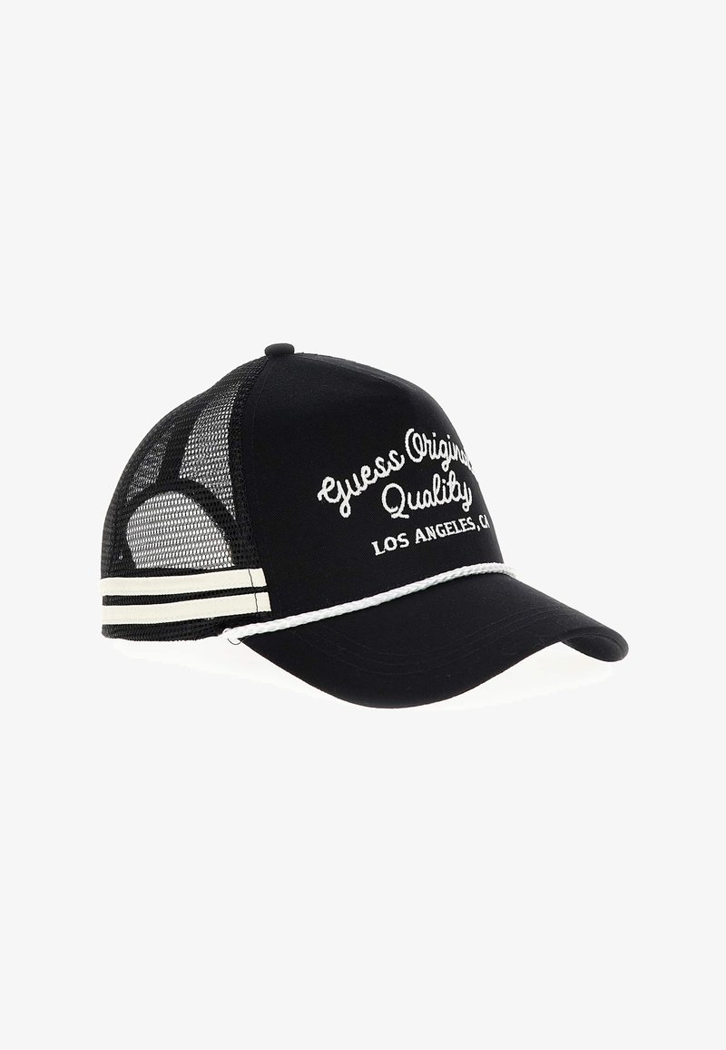 Black baseball cap with mesh sides, featuring white embroidered logo "Guess Original Quality" and a white striped accent with a rope detail.