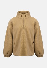 Tan fleece pullover met een hoge kraag, halve ritssluiting aan de voorkant en twee decoratieve knopen. Het heeft elastische manchetten en een zachte, textuurachtige afwerking.