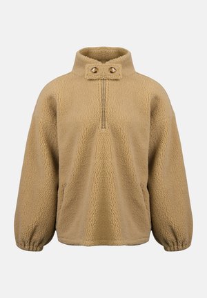 Tan fleece pullover met een hoge kraag, halve ritssluiting aan de voorkant en twee decoratieve knopen. Het heeft elastische manchetten en een zachte, textuurachtige afwerking.