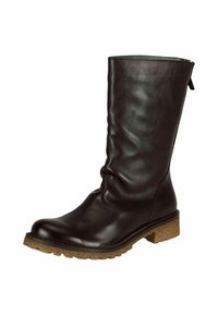 Botte en cuir marron, montante jusqu'au genou, avec un design froncé, une surface texturée, un bout rond et une semelle en caoutchouc à faible relief. Fermeture éclair à l'arrière.
