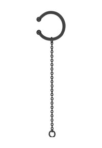 Schwarzer Schlüsselanhänger in runder Form, mit einer Kette aus Gliedern, die an einer kleinen Schlaufe am Boden befestigt ist. Durchgehend glatte Textur.