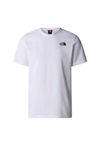 White short-sleeve crew neck T-shirt with small black The North Face logo on the left chest.