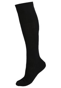 Knielange schwarze Socken aus geripptem Stoff, mit glatter Textur und passgenauer Form, die sich an das Bein anpasst.