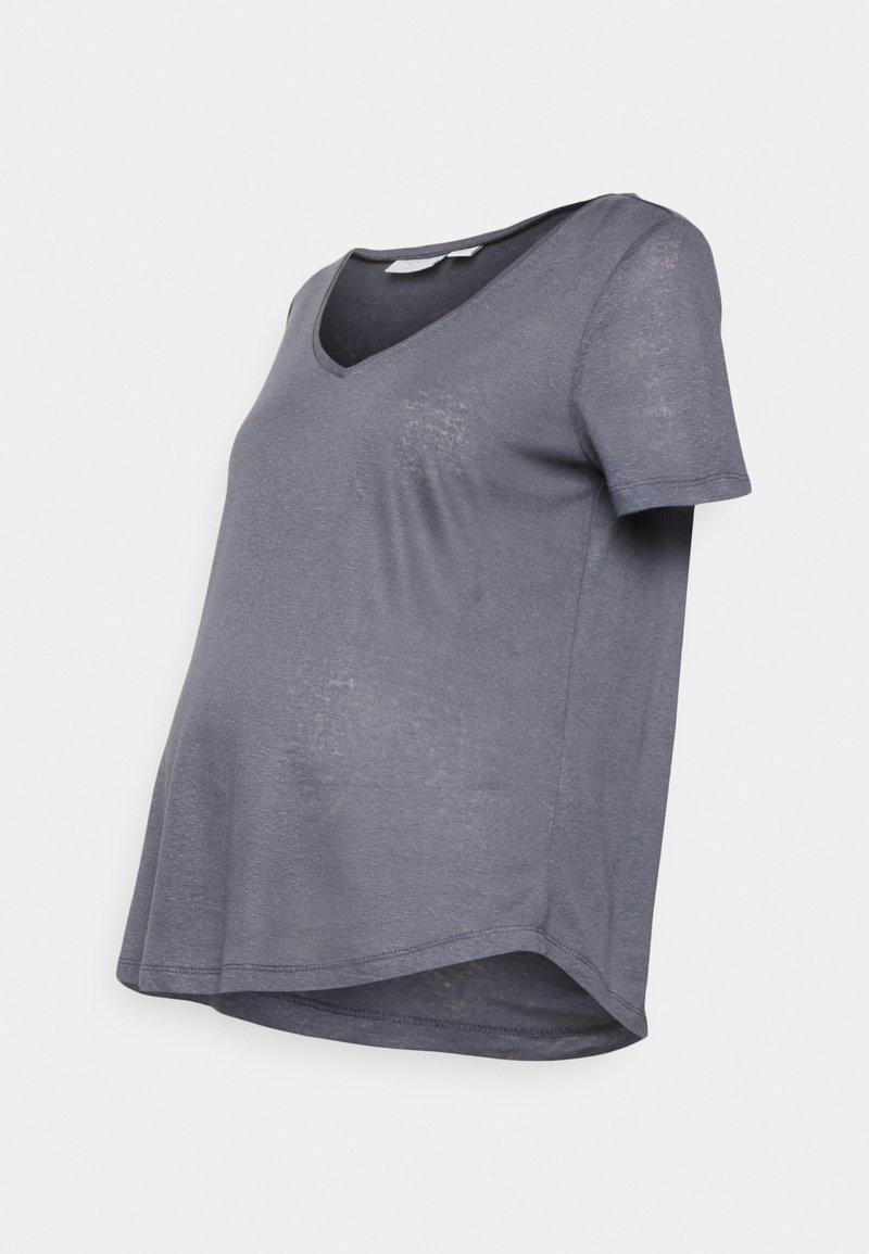 T-shirt de maternidade, cinza, com decote em V, mangas curtas, corte solto e barra curva para conforto. Feita de um tecido leve e macio.