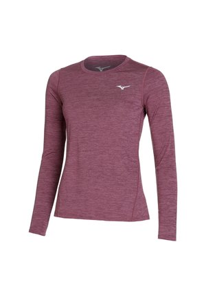 Koszulka sportowa z długim rękawem w melanżowym kolorze mauve, z okrągłym dekoltem i małym białym logo Mizuno na lewej górnej części klatki piersiowej.