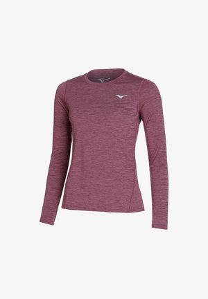 Koszulka sportowa z długim rękawem w melanżowym kolorze mauve, z okrągłym dekoltem i małym białym logo Mizuno na lewej górnej części klatki piersiowej.