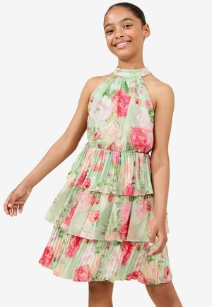 Rochie în straturi de culoare verde, cu modele florale în nuanțe de roz și crem. Design cu gât halter. Material ușor cu textură plisată.