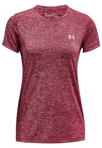 Red and black speckled short-sleeve Under Armour athletic t-shirt with crew neck and small white logo on left chest.