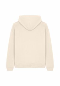 Felpa crema con un cappuccio ampio, polsini e orlo a costine. Tessuto morbido, design semplice, senza loghi visibili o dettagli aggiuntivi.