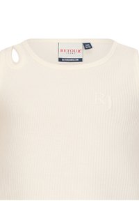 Canotta bianca a coste con scollatura tonda e un piccolo dettaglio a taglio. Logo ricamato "RJ" sul davanti.