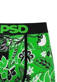 Zöld férfi boxer alsónadrág fekete derékkal, amelyen a "PSD" logó látható. Fekete és fehér virágminták díszítik az anyagot.