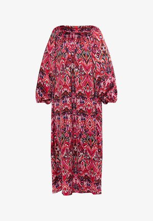 Floral-patterned off-the-shoulder dress featuring puff sleeves, vibrant pink and black colors, and a relaxed, flowy silhouette.