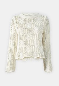 Světle krémový pletený svetr s krajkovým vzorem, dlouhými rukávy a vlnitým lemem. Má kulatý výstřih a otevřenou strukturu.