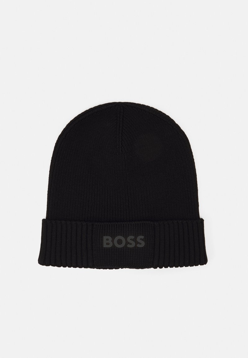 Black knitted beanie with a ribbed texture, featuring a folded cuff and a tonal "BOSS" logo on the front. Simple, unembellished design.