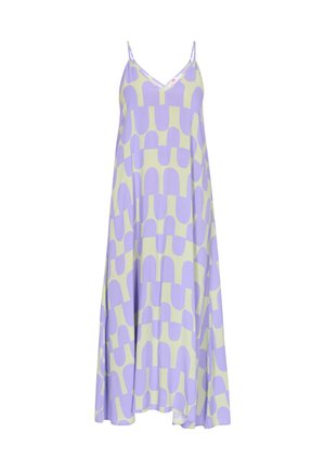 Haljina bez rukava s V-izrezom u svijetloplavoj i mint zelenoj boji, s geometrijskim uzorkom zaobljenih oblika. Izrađena od meke, lepršave tkanine.