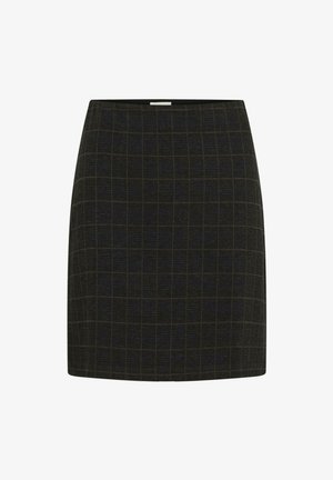Zwarte geruite rok met een rechte snit, gemaakt van een textuurstof en met contrasterende dunne lijnen die een ruitpatroon vormen.
