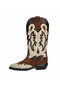 Western-Stiefel aus cremefarbenem Leder mit braunen Wildlederakzenten. Verfügt über aufwendige, dunkelbraune Designs und eine spitze Zehenpartie, mit einem kurzen Absatz.