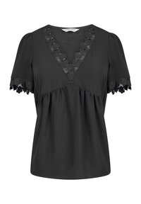 Svart blus med V-ringning, blomsterbroderi runt halsringningen och ärmarna, samt en lös, rynkad design för en avslappnad passform.