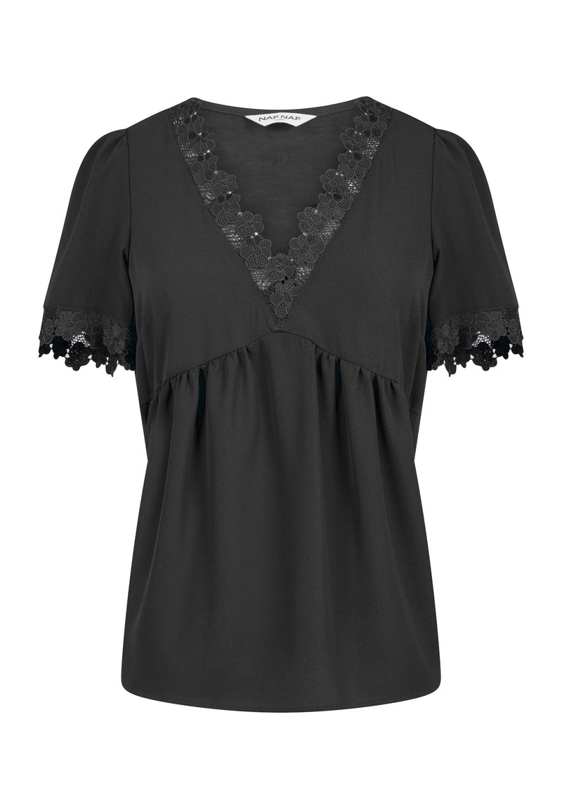 Svart blus med V-ringning, blomsterbroderi runt halsringningen och ärmarna, samt en lös, rynkad design för en avslappnad passform.