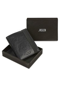 Billetera de cuero negro con un diseño delgado y banda elástica, presentada en una caja oscura con el logo 'JASLEN' grabado en la tapa.