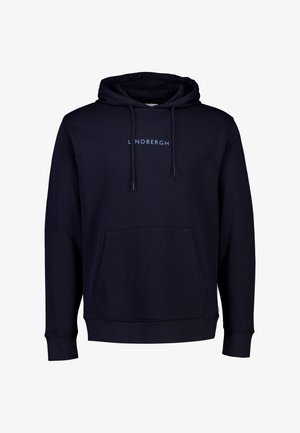 Granatowa bluza z kapturem wykonana z miękkiego materiału, z przednią kieszenią, kapturem ze sznurkiem oraz subtelnym tekstem logo w jasnoniebieskim kolorze na klatce piersiowej.