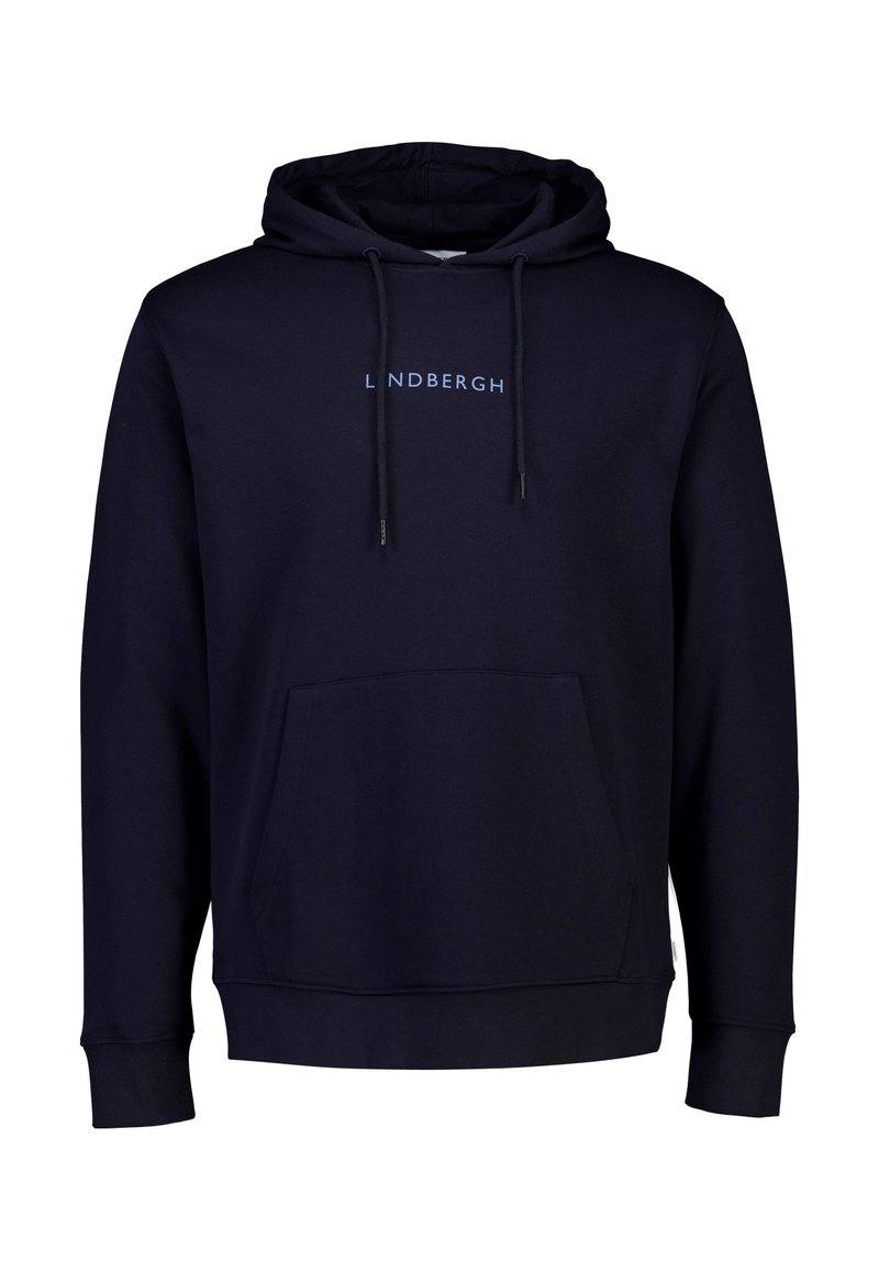 Felpa blu navy realizzata in tessuto morbido, con tasca frontale, cappuccio con lacci e testo del logo discreto in azzurro sul petto.