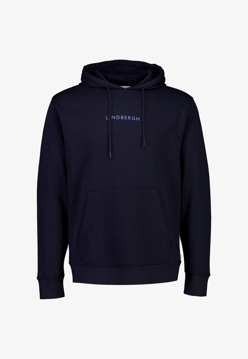 Felpa blu navy realizzata in tessuto morbido, con tasca frontale, cappuccio con lacci e testo del logo discreto in azzurro sul petto.