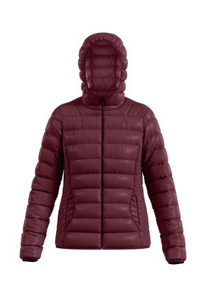 Giubbotto imbottito bordeaux con cappuccio aderente, design a cuciture verticali, chiusura frontale con zip e tasche laterali, caratterizzato da una texture liscia e lucida.
