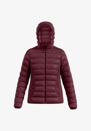 Giubbotto imbottito bordeaux con cappuccio aderente, design a cuciture verticali, chiusura frontale con zip e tasche laterali, caratterizzato da una texture liscia e lucida.