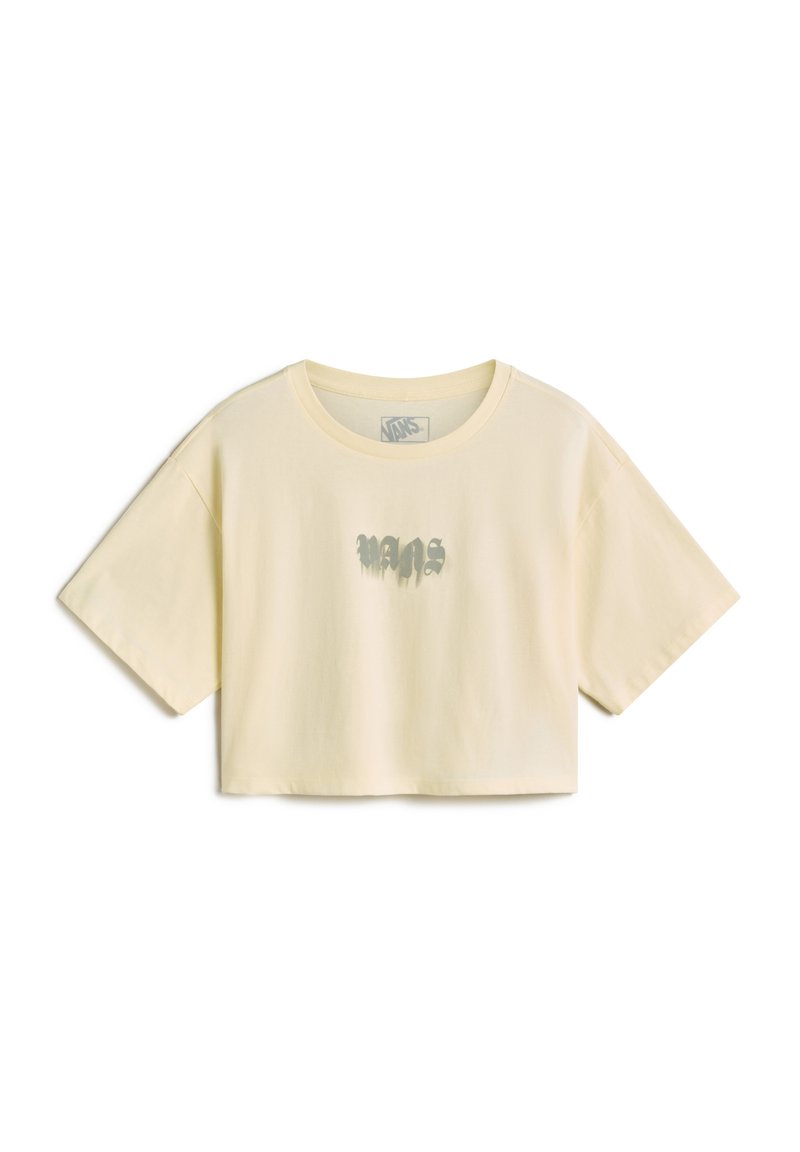 Camiseta recortada de algodón amarillo claro con mangas cortas. Presenta un estampado gráfico plateado de "VANS" en el frente. Cuello redondo.