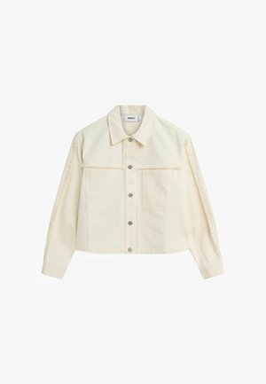 Krēmbalti džinsi jaka ar apkakles kakla izgriezumu, priekšējo pogu aizdari, divām krūšu kabatām un teksturētām sānu šuvēm.