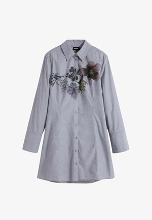 Camicia a maniche lunghe grigio chiaro con colletto a punta, con stampa floreale su un lato e chiusura con bottoni sul davanti. Tessuto liscio e intrecciato.