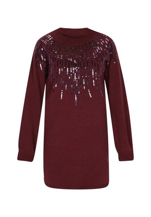 Weinroter Strickpullover mit Rundhalsausschnitt, langen Ärmeln und einem Paillettendetail-Design in einem kaskadierenden Muster auf der Brust.