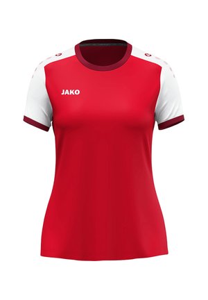 Maglia sportiva rossa con maniche corte bianche, scollo rotondo e dettagli color granata. Presenta un logo "JAKO" sul petto e dettagli sulle spalle.