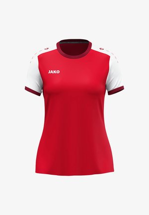 Rotes Sporttrikot mit weißen kurzen Ärmeln, rundem Hals und kastanienbraunen Akzenten. Verfügt über ein "JAKO"-Logo auf der Brust und Schulterdetails.