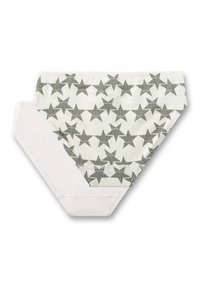 Zwei Damenunterwäsche-Sets: eines mit weißem Grund und wiederholtem grauem Sternmuster, das andere einfarbig weiß, beide aus Baumwollmaterial.