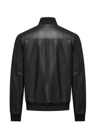 Zwarte leren bomberjack met een geribbelde kraag, elastische manchetten en een strakke achterkant. Soepele textuur en minimalistische details op de achterkant.