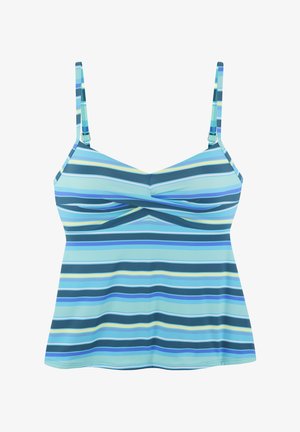 Niebieski tankini w paski z regulowanymi ramiączkami, z poziomymi paskami w odcieniach niebieskiego, turkusu i żółtego. Gładki, elastyczny materiał.