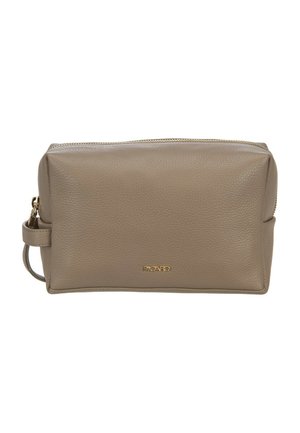 Taupe leather rectangular toiletry bag with gold zipper, side handle, and small gold Picard logo on front.