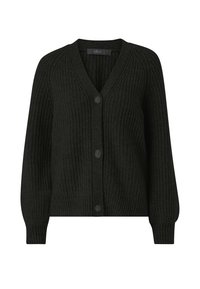 Zwart gebreide cardigan met een V-hals, geribbelde textuur en vier knopen aan de voorkant. Bevat lange mouwen en twee onderste zakken.