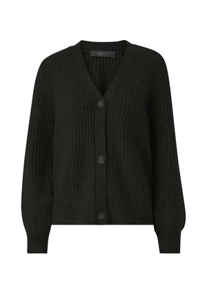Sort strikket cardigan med V-udskæring, ribbet tekstur og fire frontknapper. Har lange ærmer og to lommer forneden.
