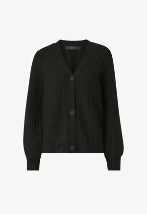Sort strikket cardigan med V-udskæring, ribbet tekstur og fire frontknapper. Har lange ærmer og to lommer forneden.