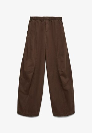 Brown wide-leg pants made from a smooth, lightweight fabric. Features an elastic waistband and side pockets. Flat seams enhance durability.