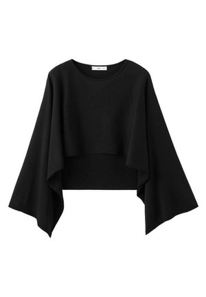 Top negru scurt cu mâneci lungi largi și fluide și decolteu rotund, realizat dintr-un material moale.