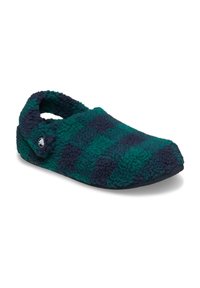 Grüne und marineblaue karierte Pantoffel aus weichem, strukturiertem Stoff mit runder Spitze und einem kleinen dekorativen Knopf an der Seite.
