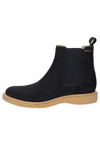 Schwarze Wildleder Chelsea-Boots mit elastischen Seitenpaneelen, einer runden Zehenpartie und einer hellen Gummisohle mit Steppdetails.
