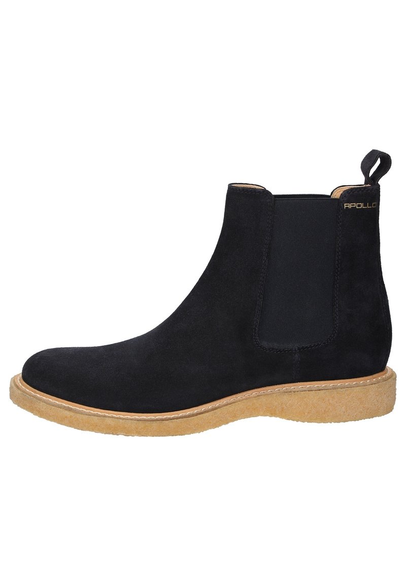 Schwarze Wildleder Chelsea-Boots mit elastischen Seitenpaneelen, einer runden Zehenpartie und einer hellen Gummisohle mit Steppdetails.