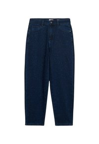 Jeans in denim blu scuro con vestibilità rilassata, caratterizzati da piccole borchie decorative sul davanti e cinque tasche. Chiusura classica con bottone e zip.